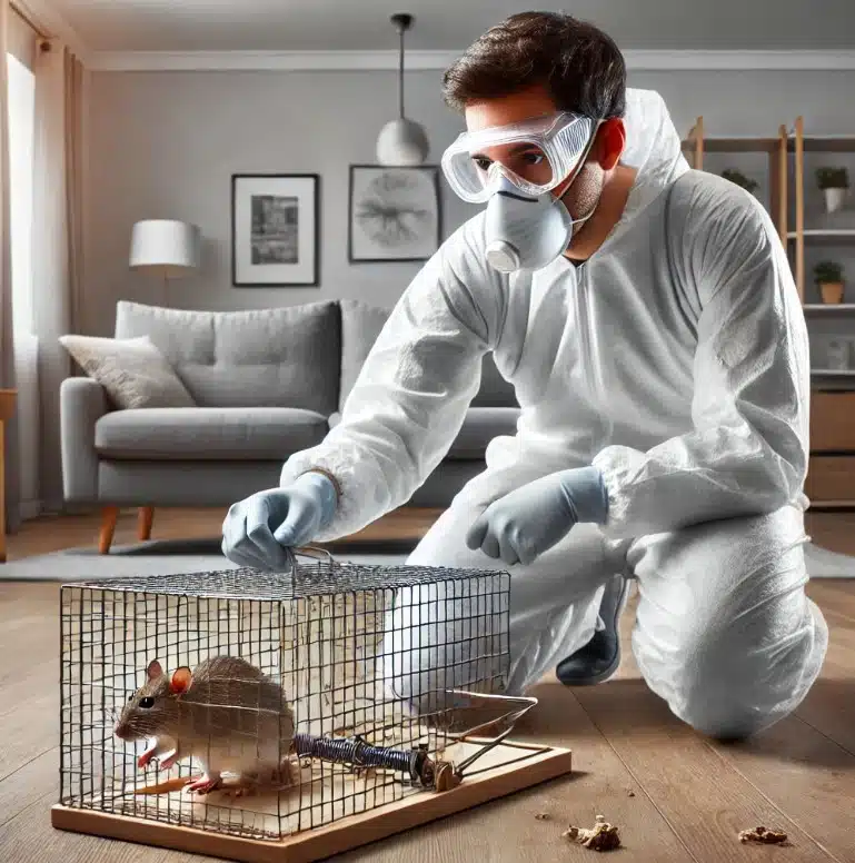uomo che derattizza un topo in casa